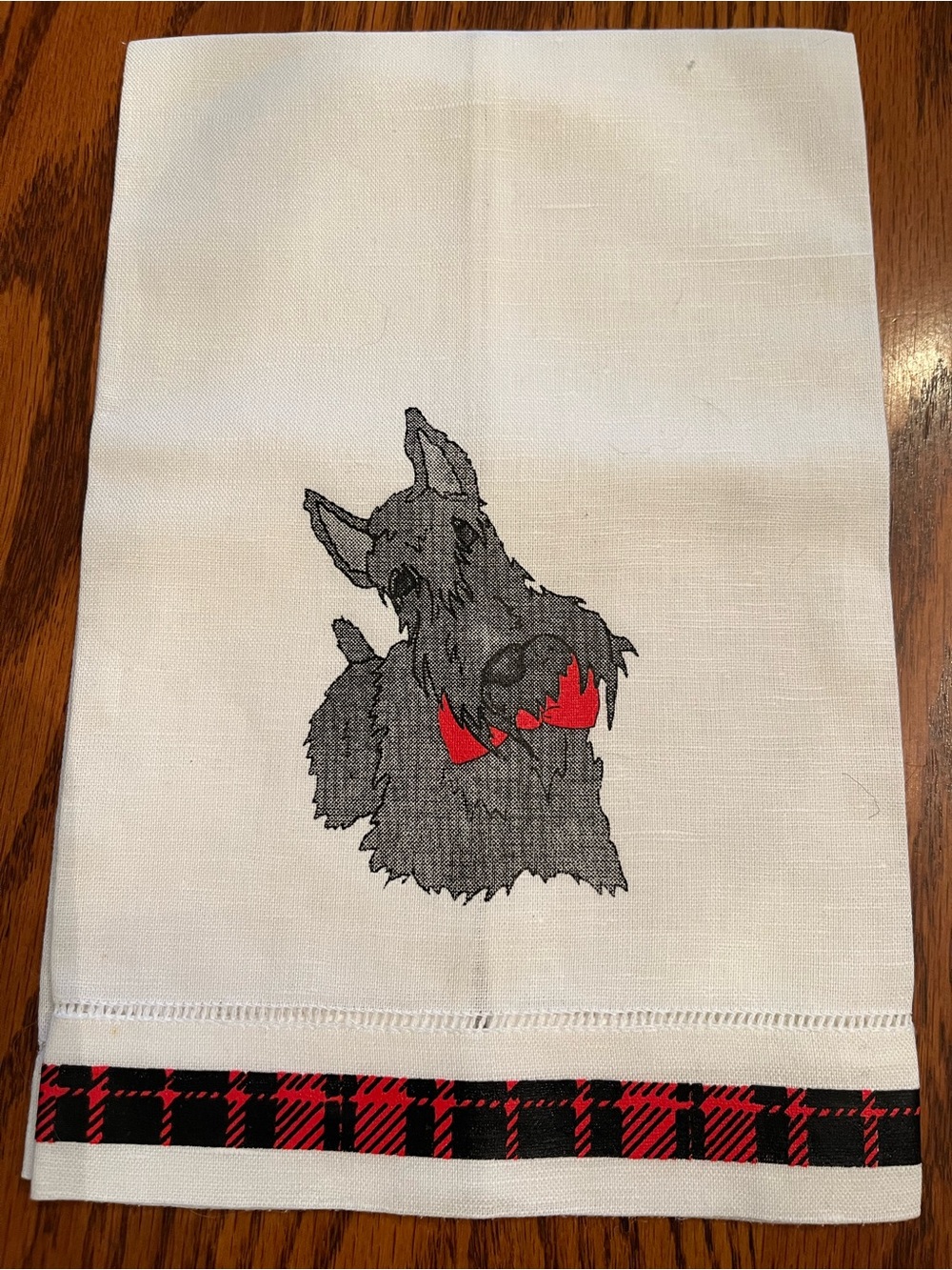 Scottie Dog Hand Towel in White with Red Accent